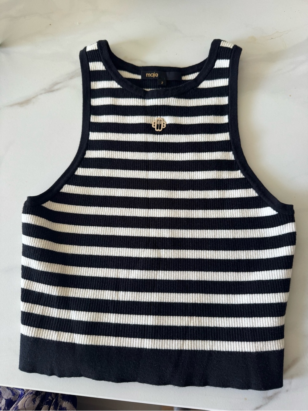 Maje Black and White Striped Ribbed Tank